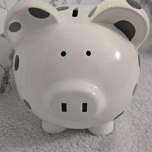Child To Cherish White Piggy Bank with Gray Polka Dots